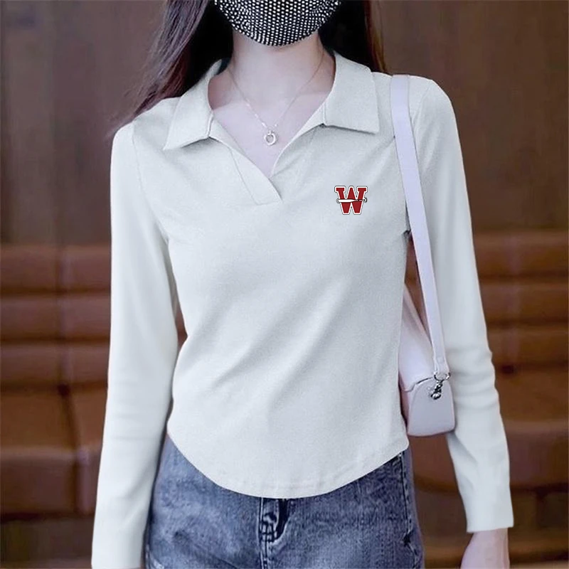 欧货显瘦T恤修身长袖女打底百搭POLO领弧型下摆秋冬正肩翻领上衣