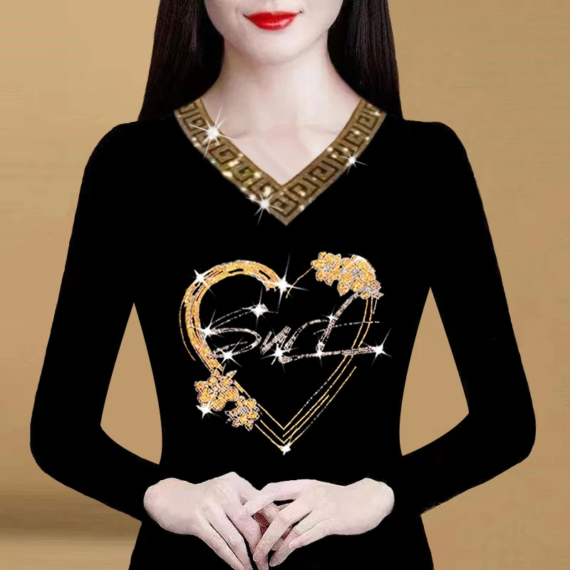 时尚V领烫钻长袖大码遮肚子修身显瘦减龄洋气气质小衫妈妈装上衣