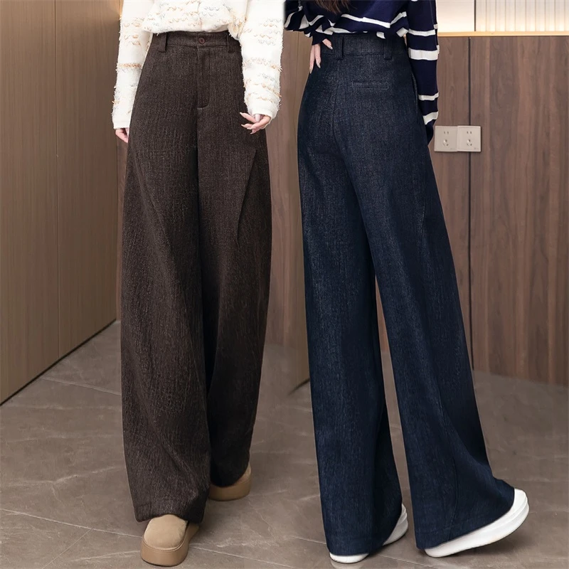 仿牛仔加绒阔腿裤女秋冬季外穿加厚防风保暖窄版直筒裤宽松休闲裤