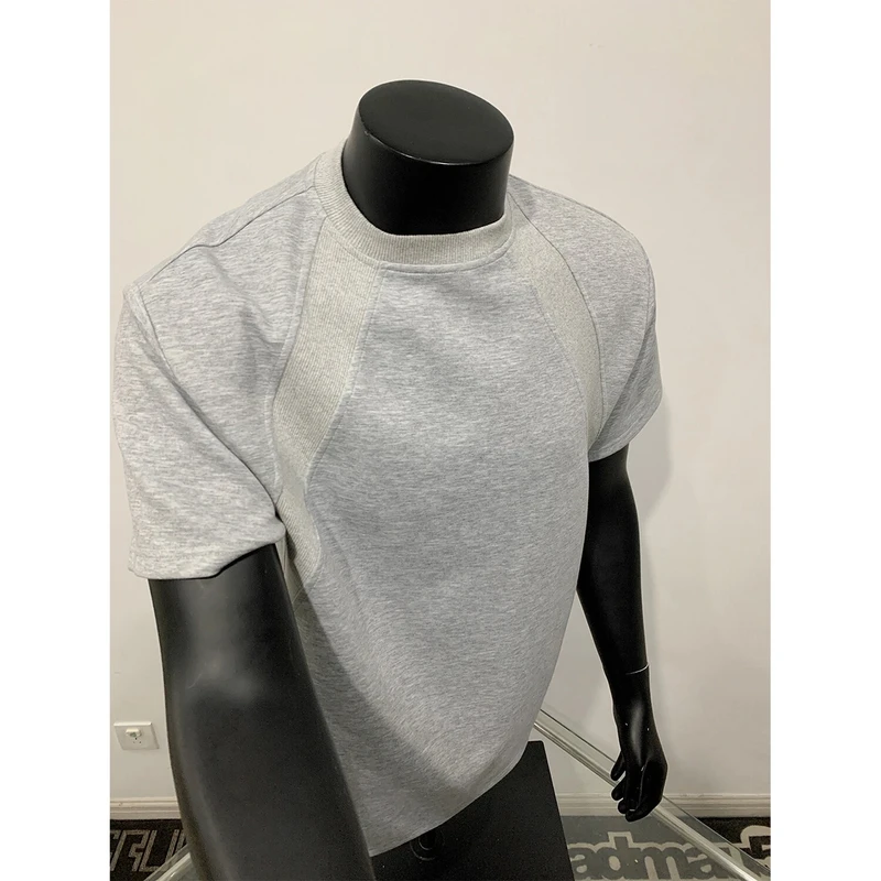 300g澳产氨纶太空棉拼接短袖T恤男抗皱硬挺短款boxy版夏季男生