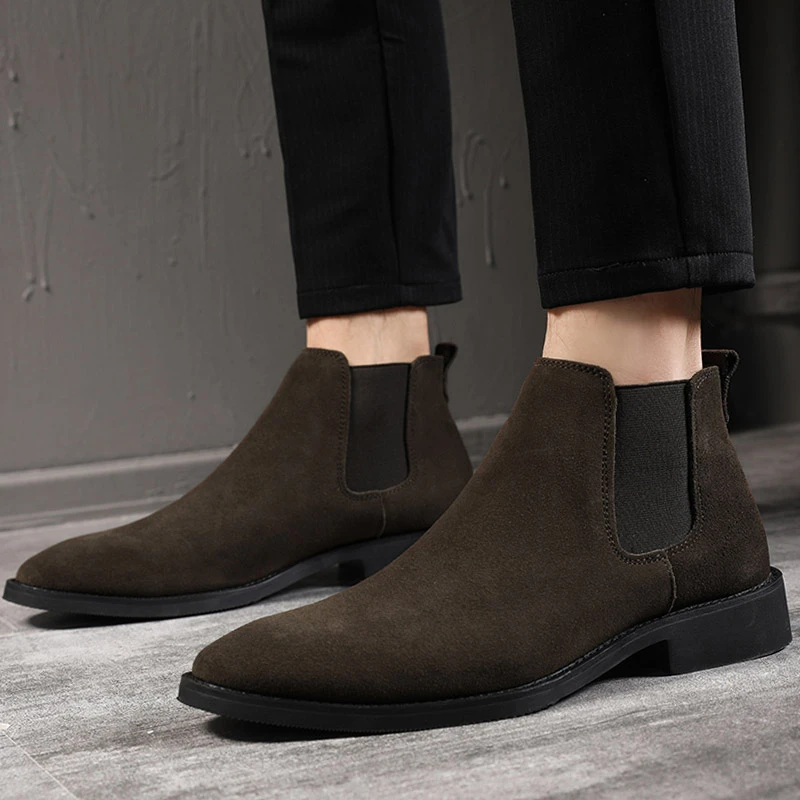 切尔西靴男翻毛皮男鞋2025时尚新款高帮百搭英伦磨砂休闲男士皮鞋