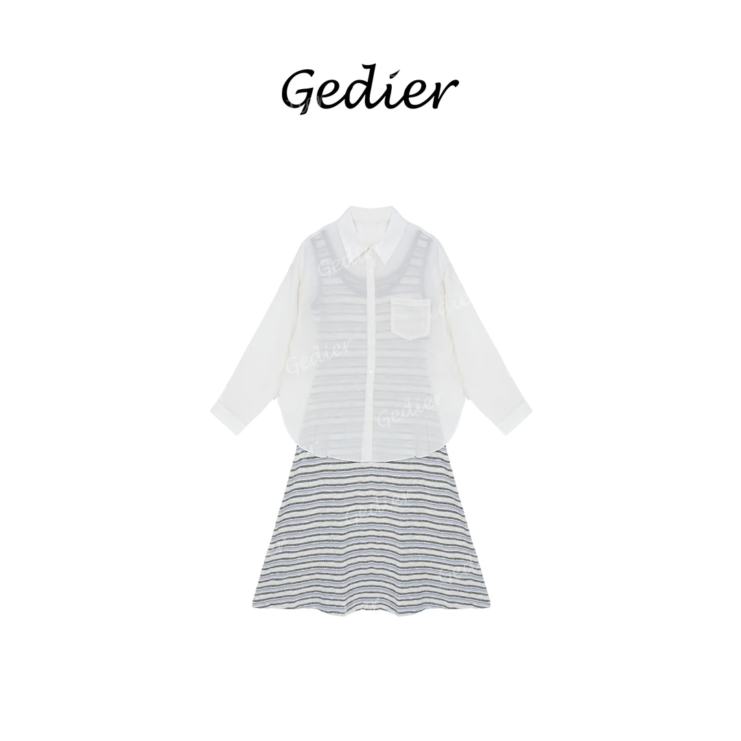 【歌蒂尔】“慵懒条纹” 夏季薄衬衫+条纹长裙时尚套装女 DG520632CY