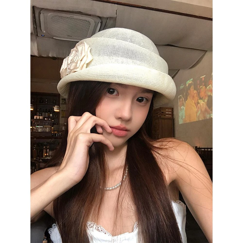 赫本风山茶花卷边亚麻贝雷帽女夏季薄款透气礼帽显脸小帽子画家帽