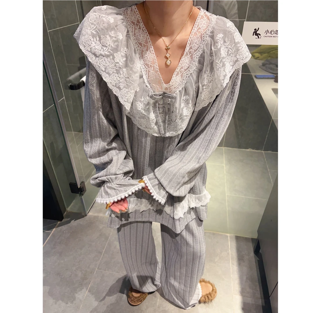 高级感可外穿家居服套装女秋冬新款荷叶边宽松舒适长袖睡衣+睡裤