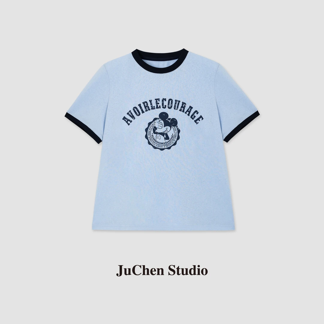 蒙眼米奇T恤经典卡通人物做旧字母印花撞色百搭短袖 SS034042