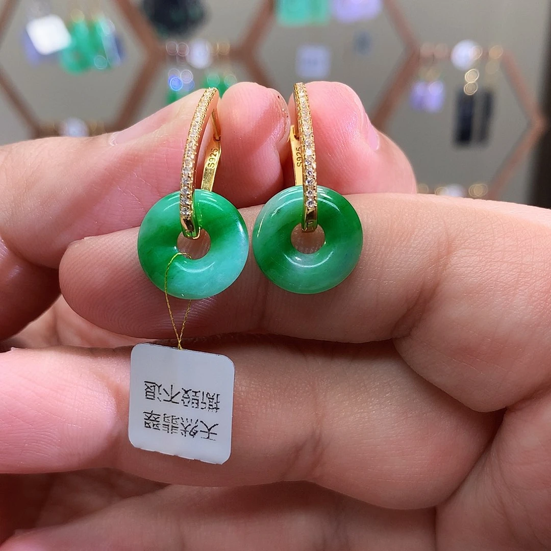 银S925镶嵌翡翠耳饰天然翡翠耳饰