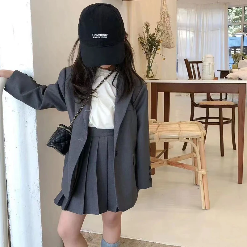 女童秋季西装套装2025新款儿童韩版洋气英伦风百褶裙女孩学院穿搭