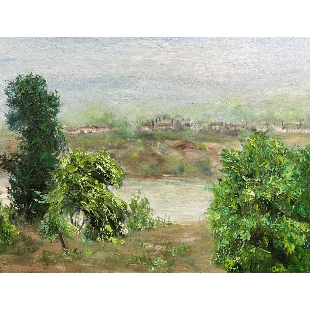 1501李忠元《水岸烟村》原创手绘油画风景作品50*65cm适合客厅餐厅