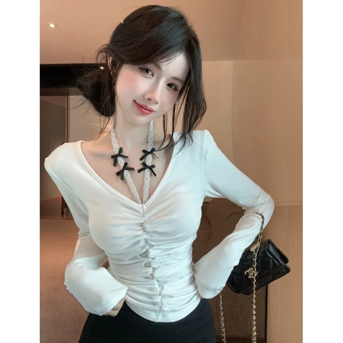 纯欲辣妹v领挂脖鱼骨上衣女秋冬高级感加绒蕾丝打底衫内搭可外穿