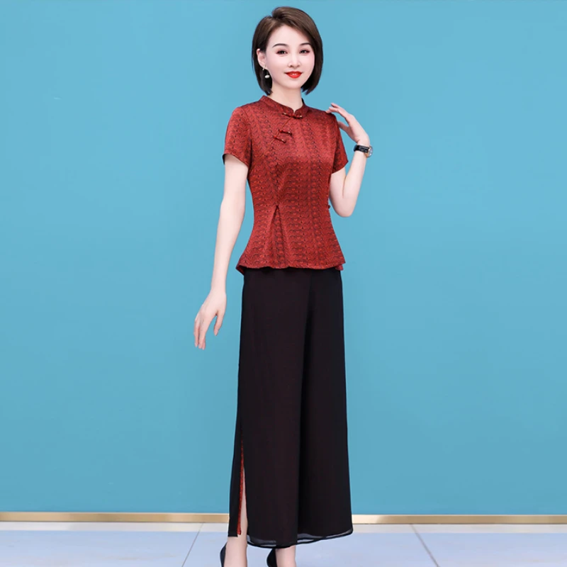 母亲节套装女夏2025新款国风休闲时尚高档喜婆婆阔腿裤两