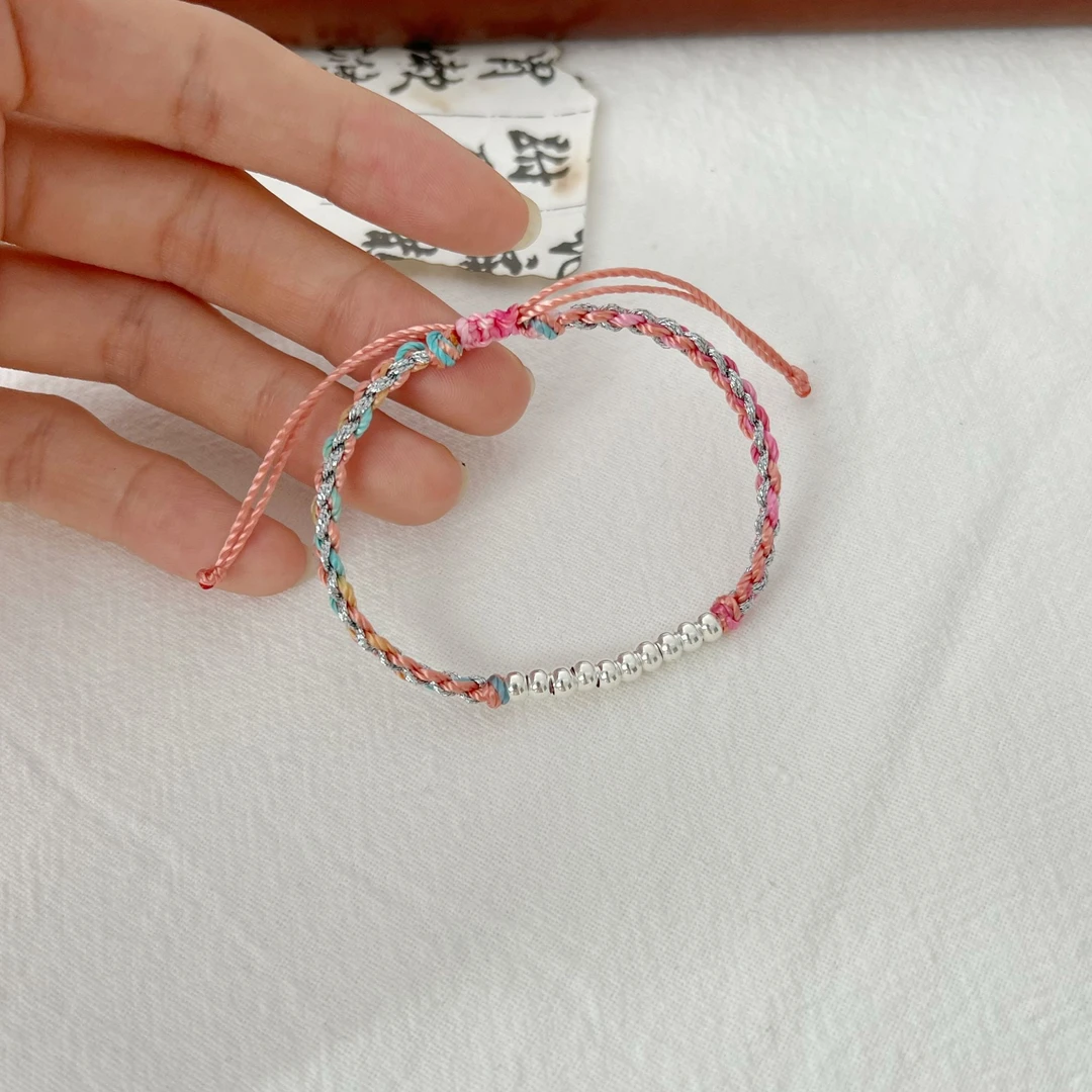 浮笙梦 足银手链 十全十美足银990彩绳手工编织国风情侣调节手绳1