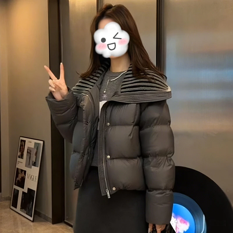2025时尚百搭云朵泡芙针织翻领服外套女冬季新款袄手塞衣