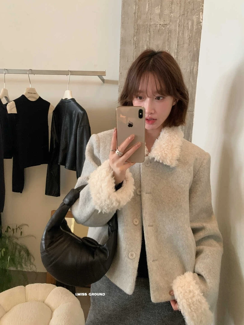 冬上新！冬季新款复古韩系羊羔毛拼接外套上衣女