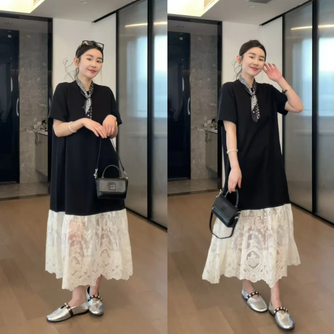 JOJO/玖了个玖 2025春 极简百搭蕾丝拼接下摆长款T恤裙 2504C1667