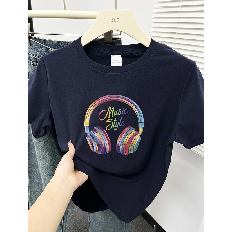 藏蓝色正肩大码显瘦女装短袖T恤胖MM夏季新款显瘦设计感印花上衣