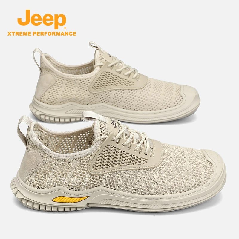 jeep吉普男鞋2025新款夏季镂空透气休闲运动鞋男黑色轻便薄款网鞋