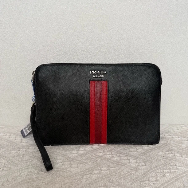 99新 Prada/普拉达 4452/男士时尚条纹全皮手拿包