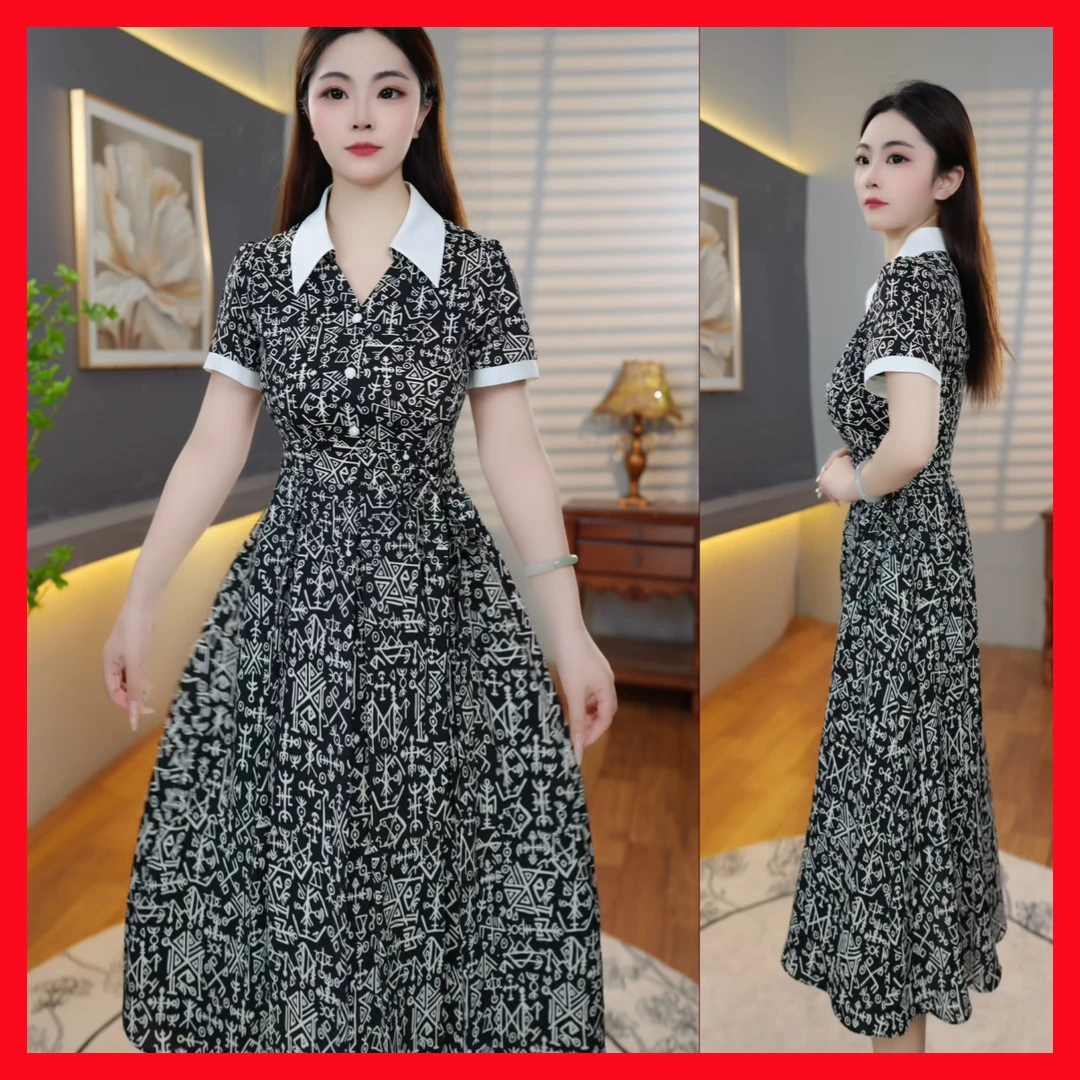 [连衣裙]A60夏季新款国风时尚连衣裙女气质印花遮肉显瘦中长款裙