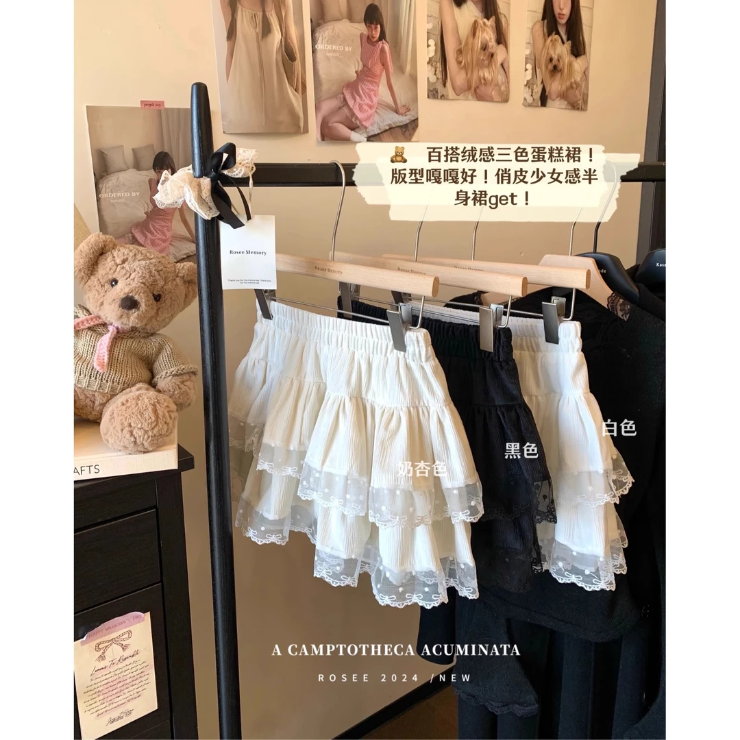 芭蕾风白色蛋糕裙半身裙女夏季蝴蝶结蕾丝高腰防走光a字蓬蓬短裙