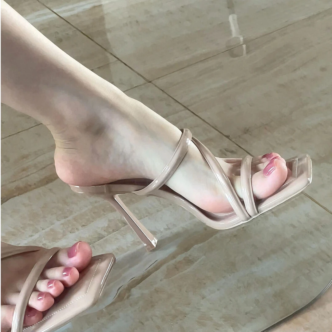 2025夏方头高跟细跟裸色一字带凉拖凉鞋半拖女百搭简约通勤高跟鞋