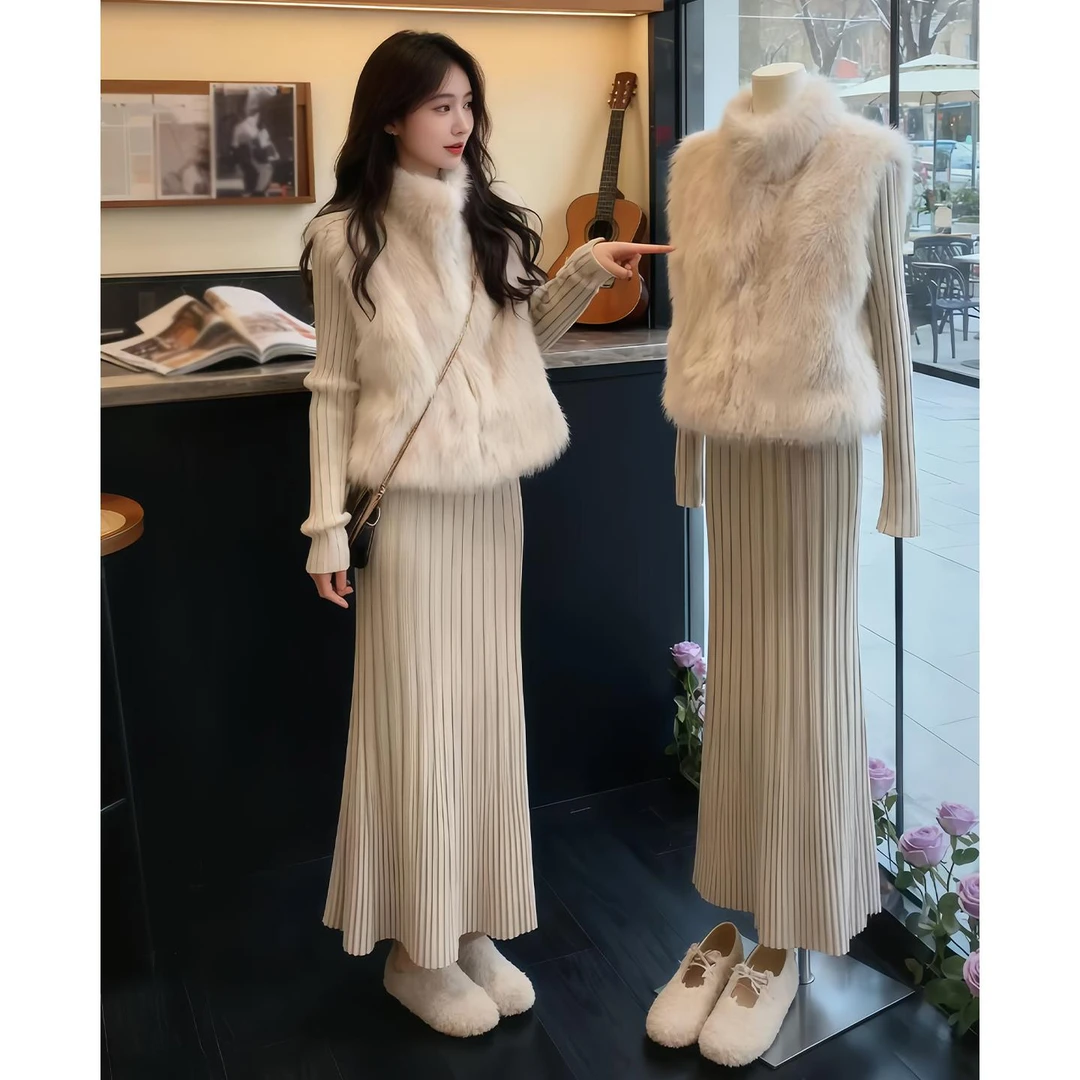 韩风chic一整套巨好看环保皮草马甲内搭连衣裙两件套装2025年冬季