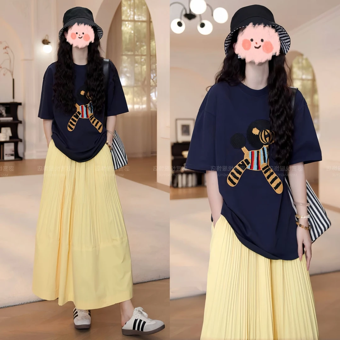 洋气衣服女百搭时尚韩版夏季减龄宽松中长款T恤百褶半身裙两件套