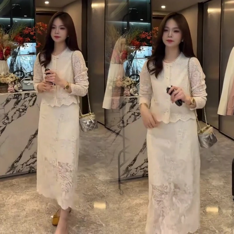 温柔的风气质名媛蕾丝时尚套装春秋温柔轻熟风两件套长袖连衣裙