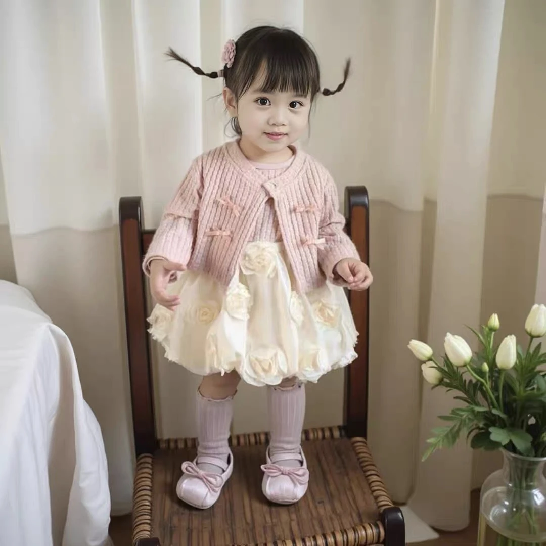 童装女童裙套装春秋季儿童女宝宝针织开衫玫瑰花苞公主裙子两件套