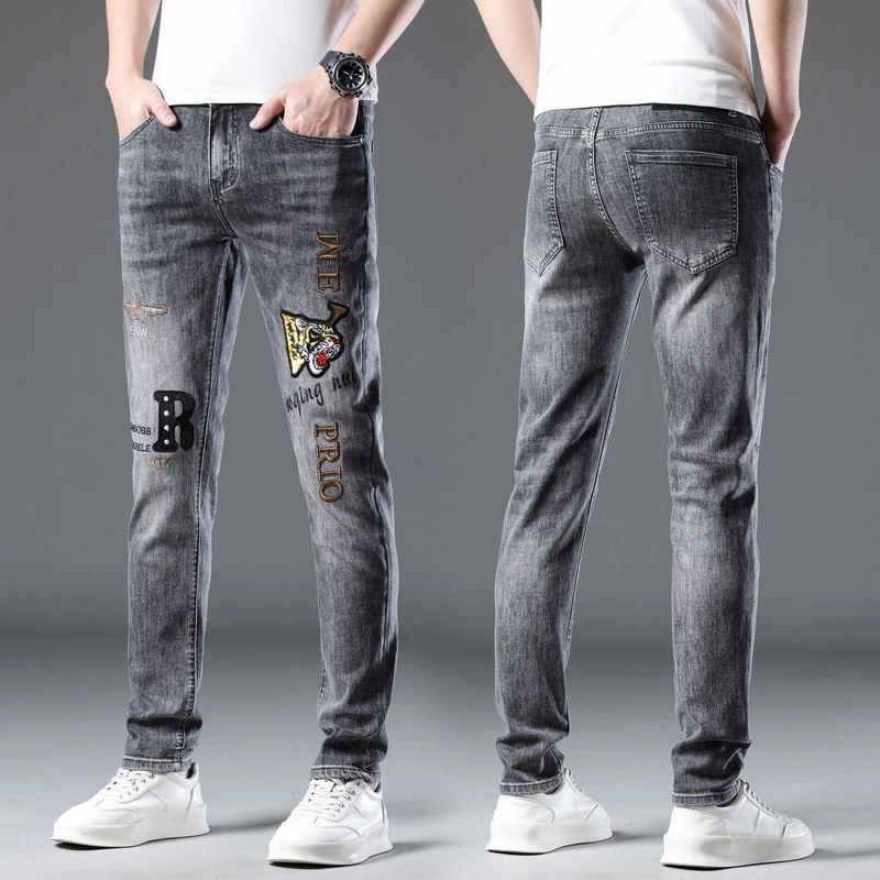 欧货春夏新款潮牌裤子高端刺绣男牛仔裤弹力灰色修身百搭裤子小脚