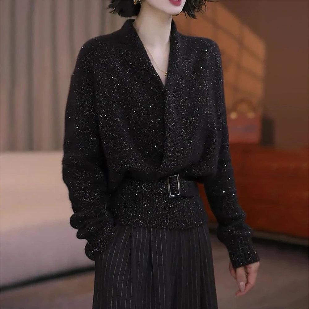 黑色V领毛衣开衫女士秋冬慵懒风软糯减龄系带收腰针织衫外套上衣