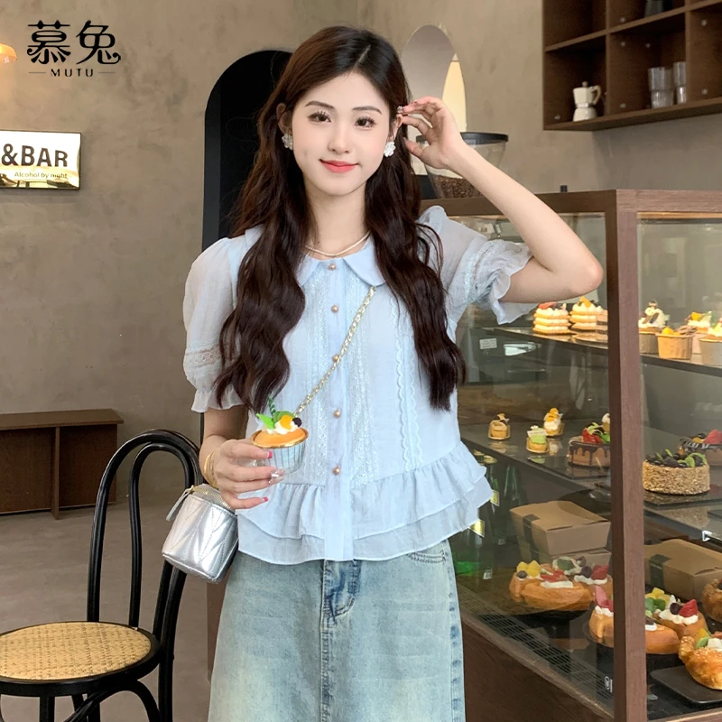 【主播穿的是蓝色~衣长47】法式娃娃领复古衬衫泡泡袖设计感上衣