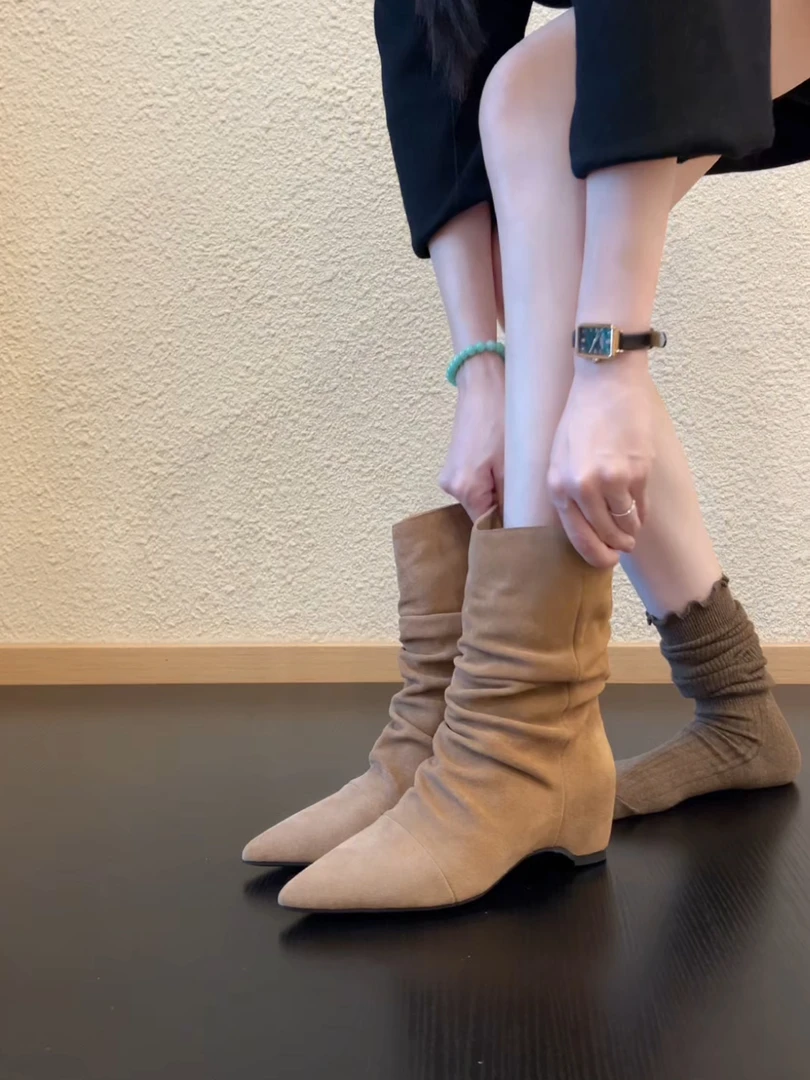 Pokoy-3.3cm气质尖头内增高瘦瘦靴设计感磨砂褶皱百搭短靴