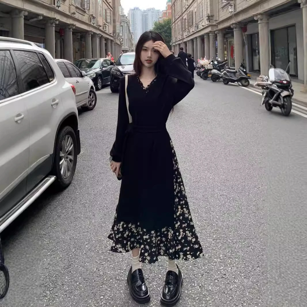 红色女款吊带裙夏季长裙后妈裙复古v领黑色连衣裙女年瘦小黑裙