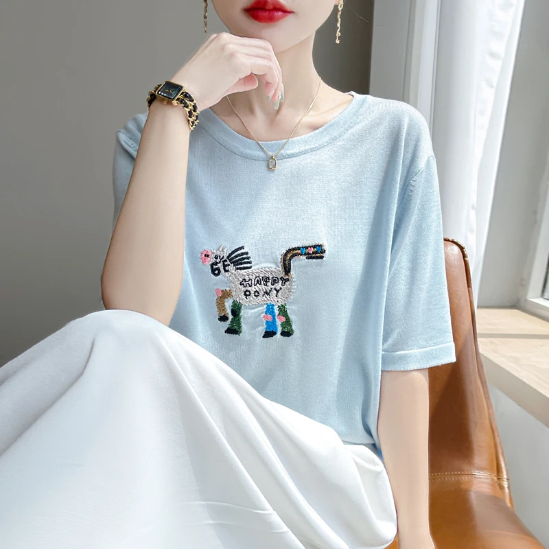 莱赛尔天丝100%刺绣小马女装透气针织衫短袖t恤韩版圆领打底衫