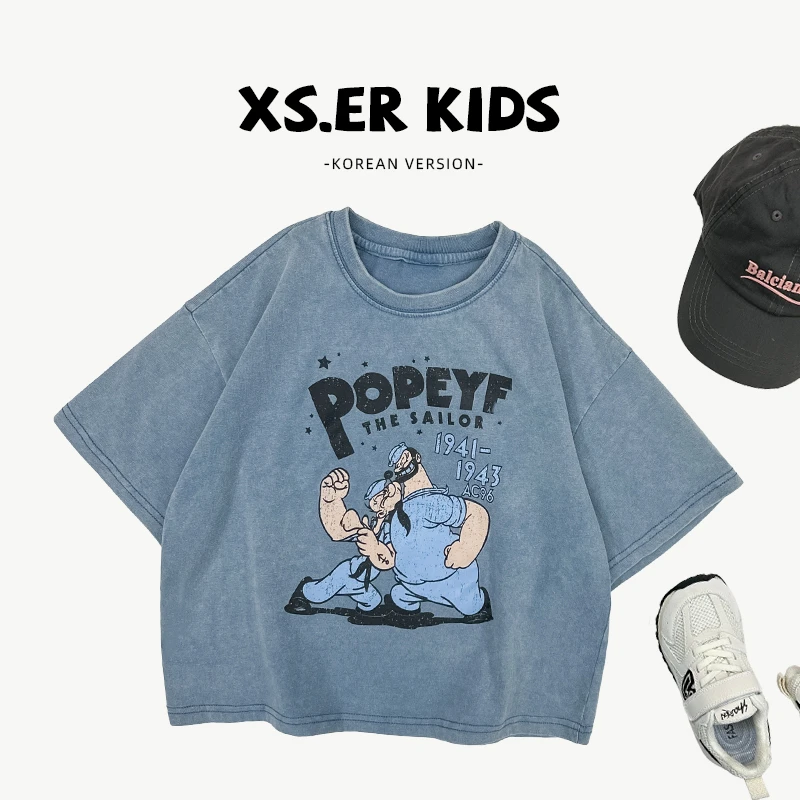 【小首尔】Q现货-夏季儿童时尚韩版宽松卡通印花牛仔短袖T恤SJ5268