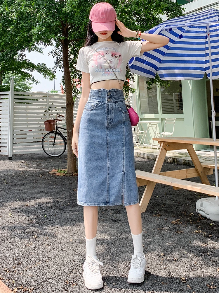 高腰开叉牛仔半身裙女2025薄款显瘦小个子包臀a字中长款裙子