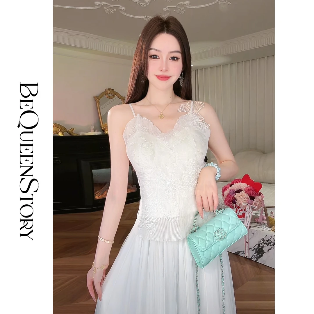 余潇潇【解梦花语】时尚百搭仙气透气舒适贴花压褶烫钻吊带