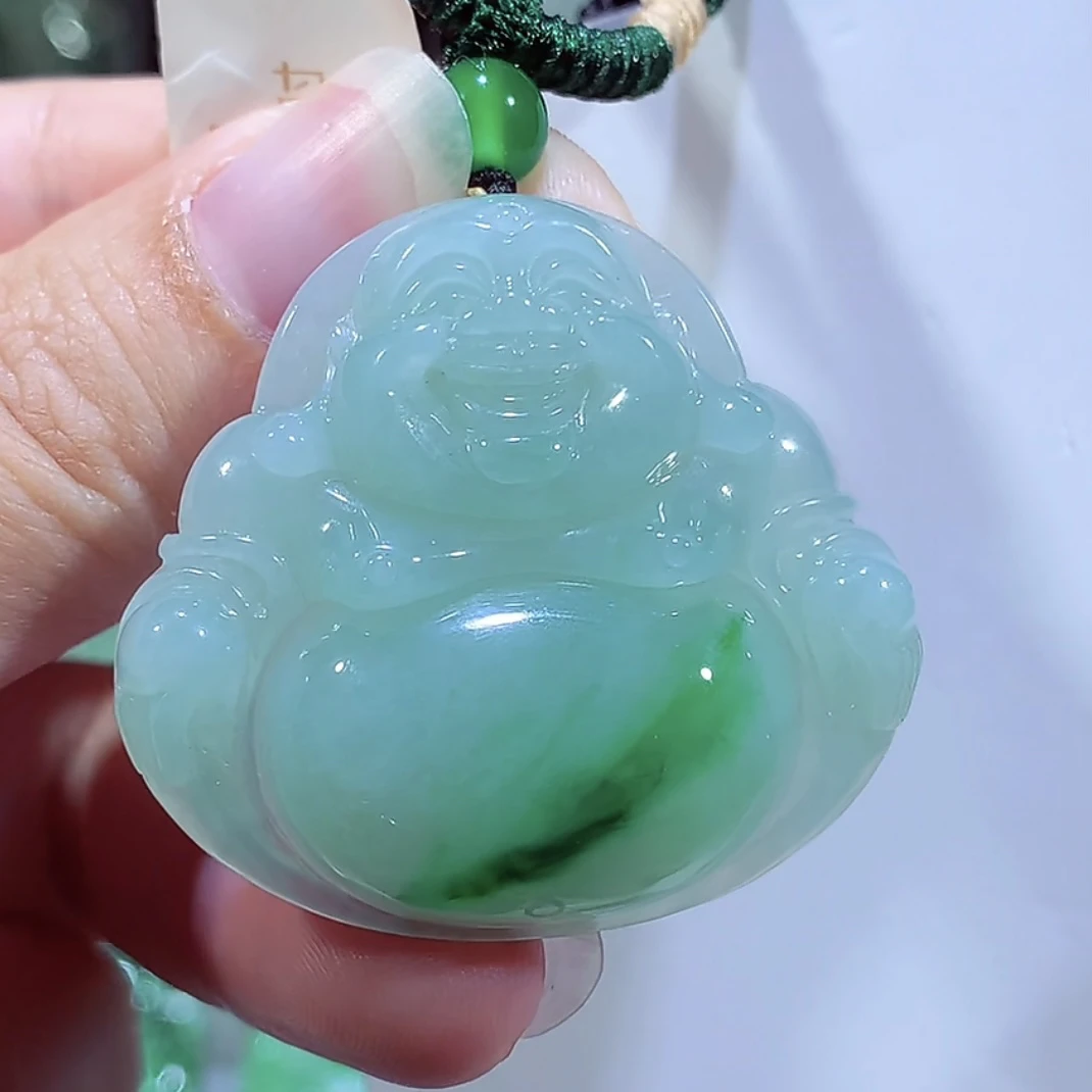 缅甸天然A货翡翠飘阳绿肚里藏金佛公吊坠