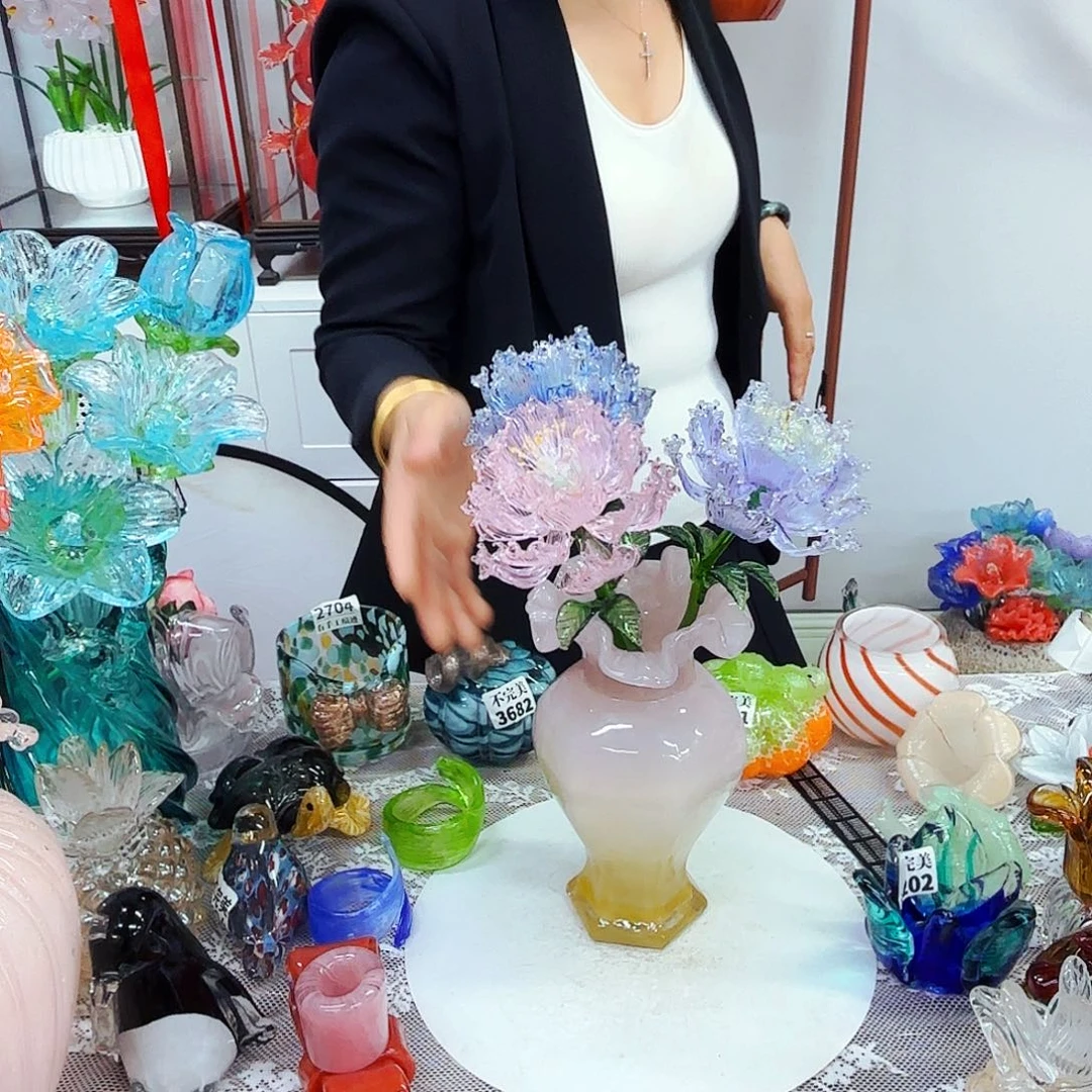 3朵牡丹送花瓶安妮家居琉璃摆件