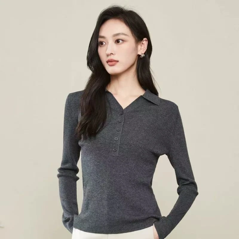 2025秋季新款针织衫女V领毛衣内搭长袖Polo领修身打底衫