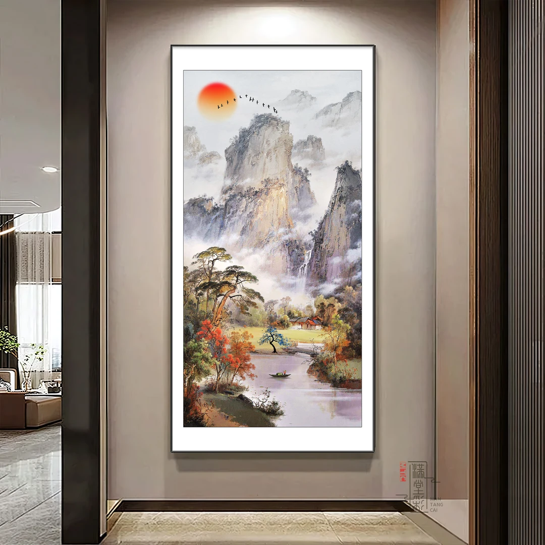 旭日东升入户玄关装饰画国风油画质感山水画走廊过道山水风景壁画