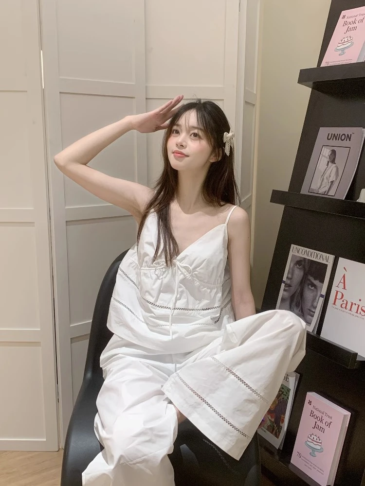 夏日纯欲少女镂空设计吊带睡衣女夏季新款透气大码家居服长裤套装