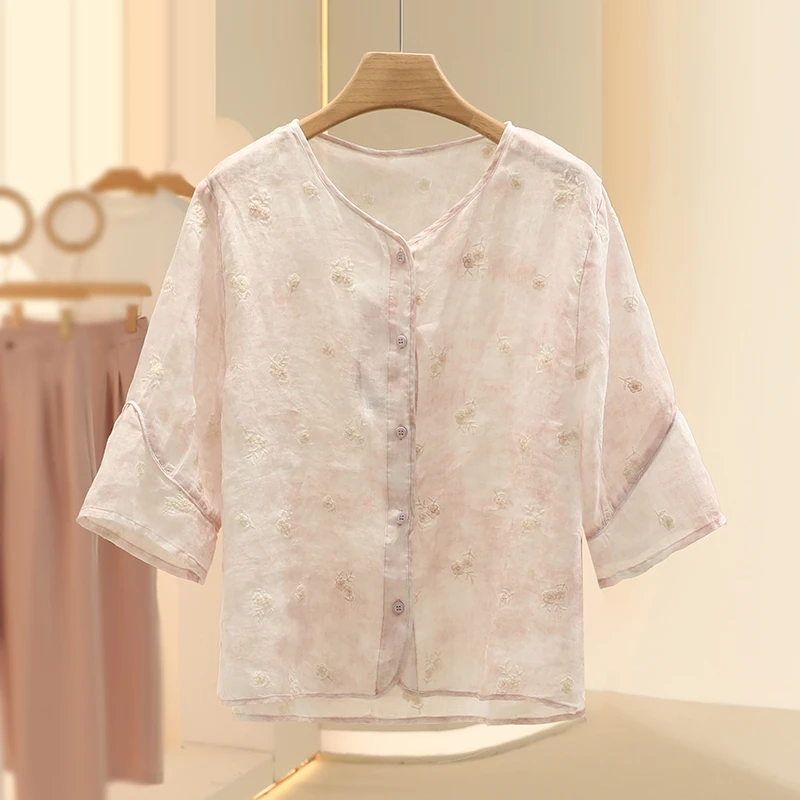 【芙】100~苎麻重工刺绣气质小衫2025夏季新款设计感品牌女装