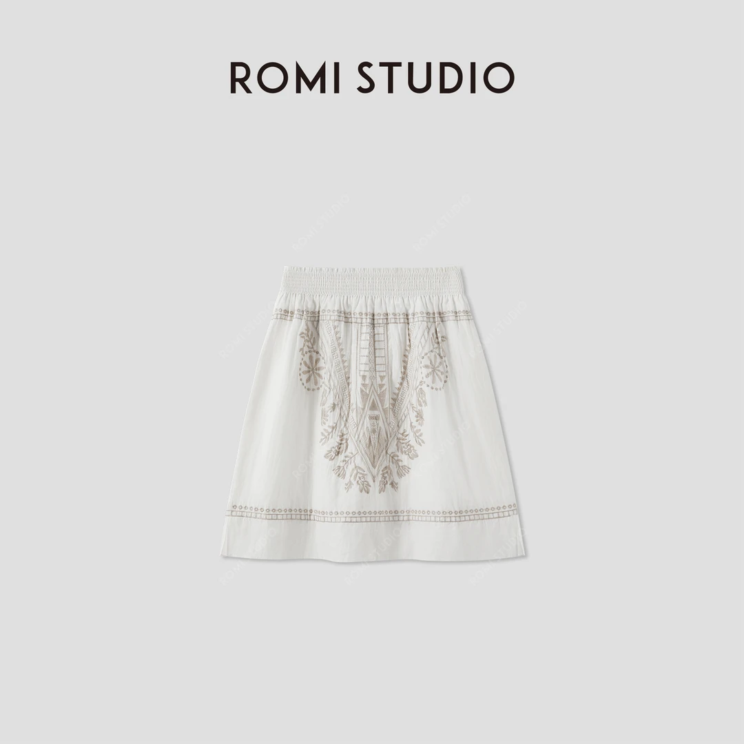 ROMI STUDIO 100%莱赛尔民族风重工绣花松紧腰半身短裙RWCRXJ3773