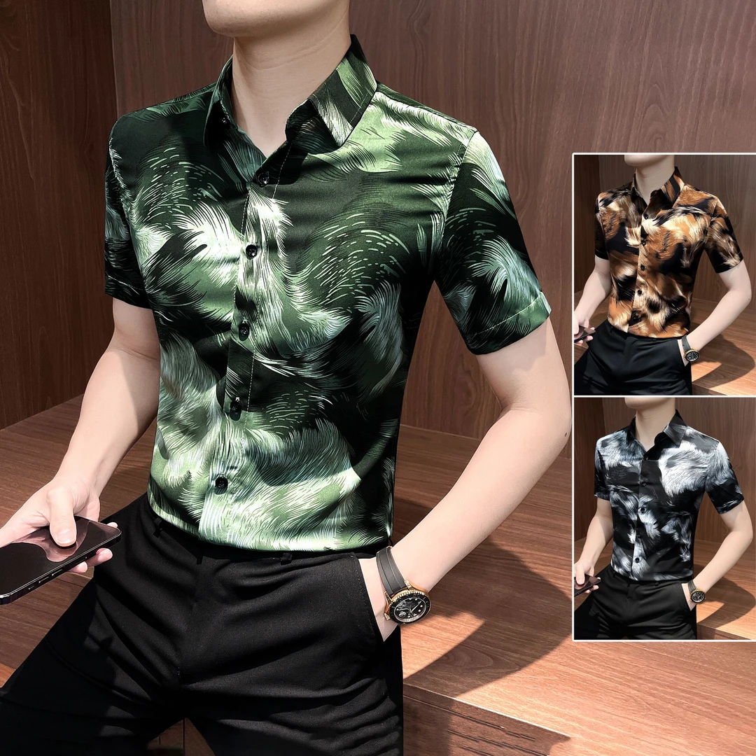 复古冰丝花衬衫男短袖爆款2025新款痞帅男装夏季薄款印花男士衬衣