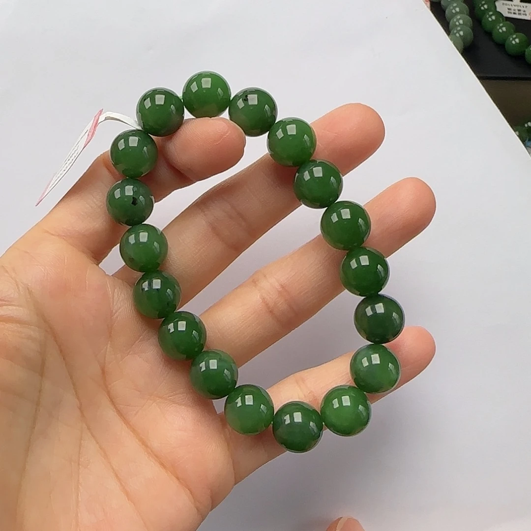 和田玉未镶嵌手串菠菜绿红皮卡11m(福利