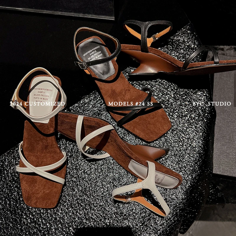 HM6633/5cm牛皮方头凉靴时装凉鞋欧美真皮女夏季软底露趾