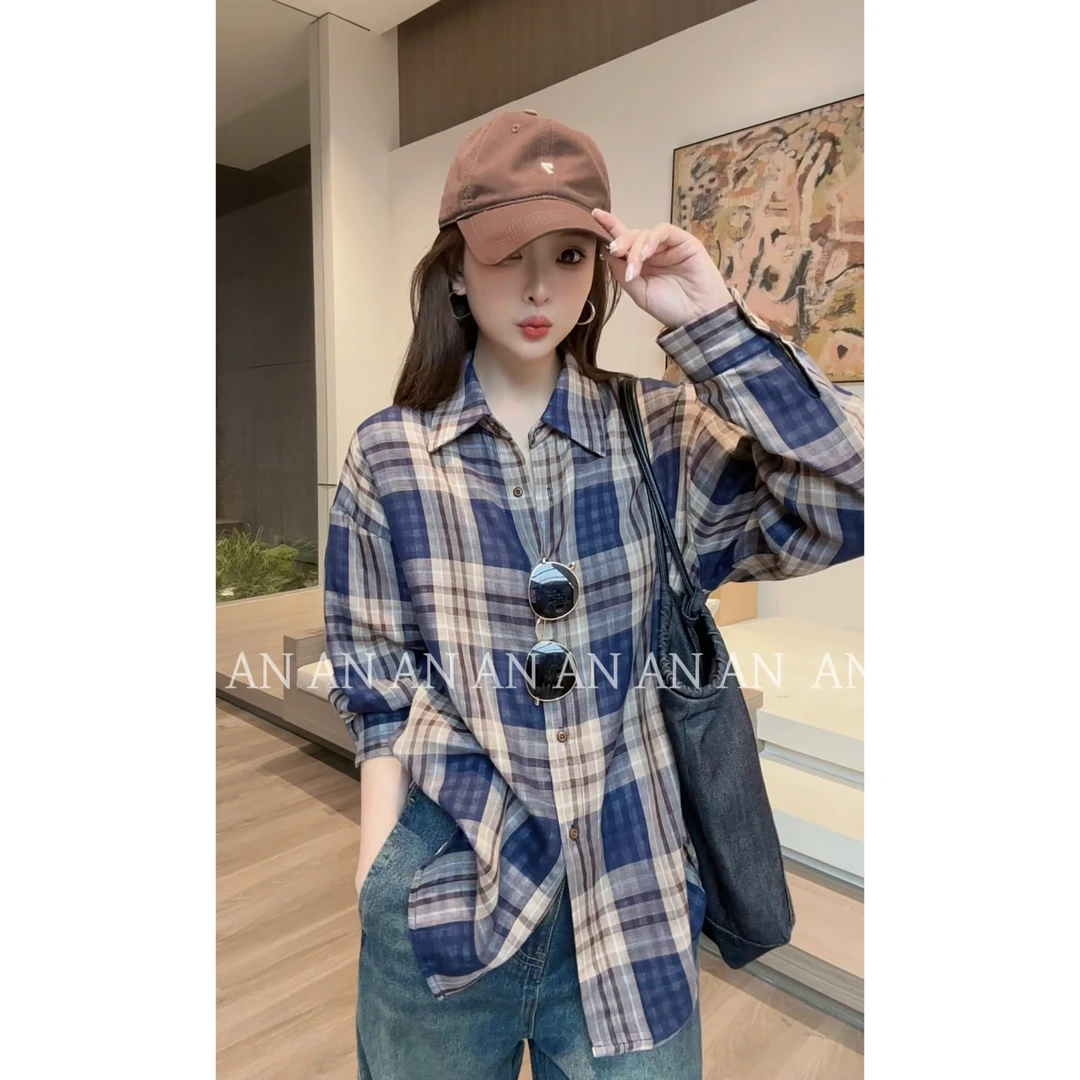 C08062早秋新款复古舒适慵懒风宽松长袖格子衬衫外套