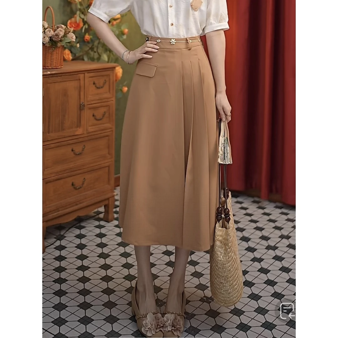 小小复古  25新款百搭复古气质A字高腰显瘦半身裙#4645