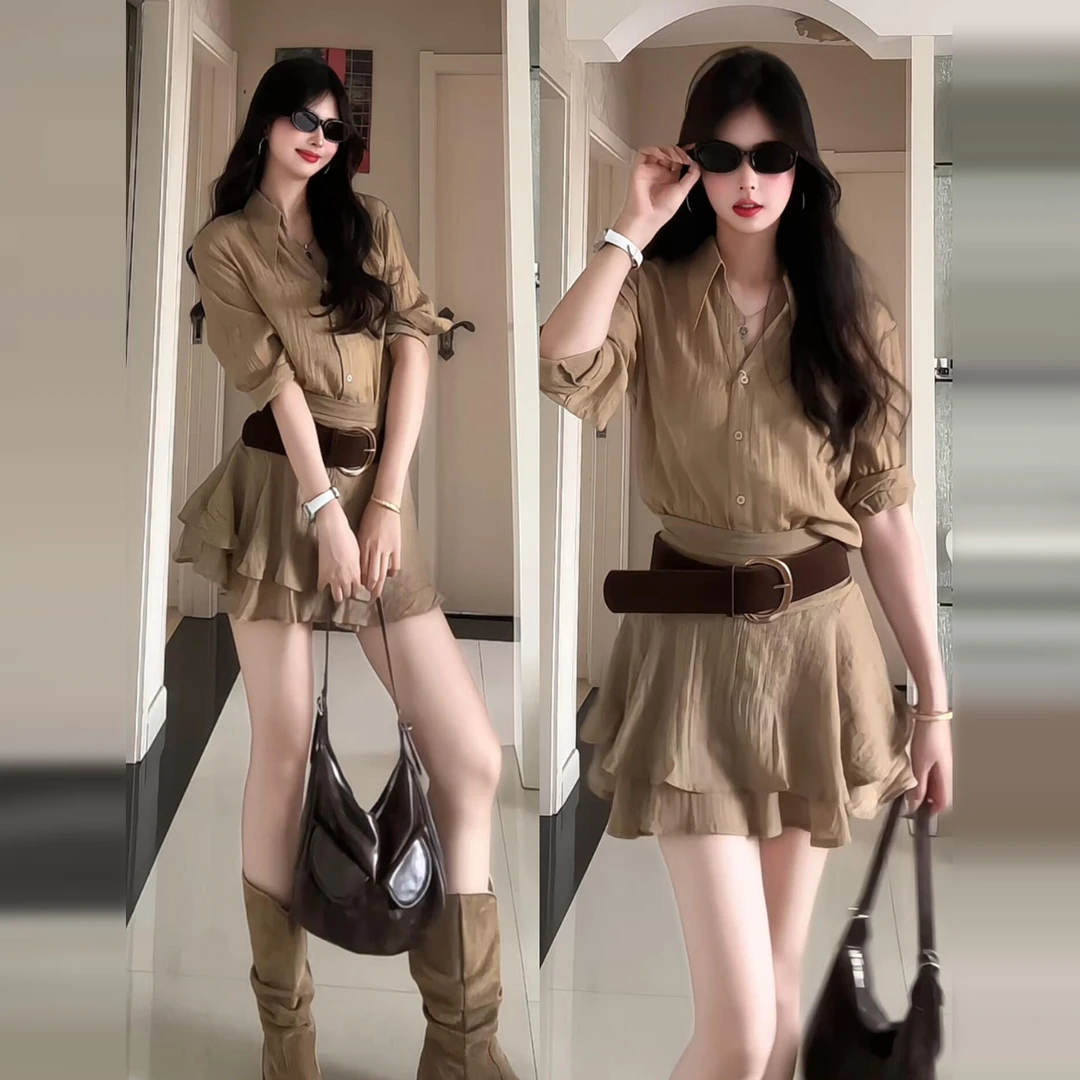 卡其色复古气质V领衬衫连衣裙子女夏2025新款慵懒度假风穿搭短裙